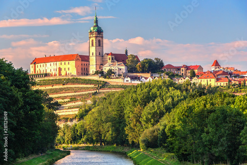 Panorama or skyline or cityscape of historical city Melnik with historical castle and river Vltava and famous vineyards. Melnik is 30 km north of Prague 