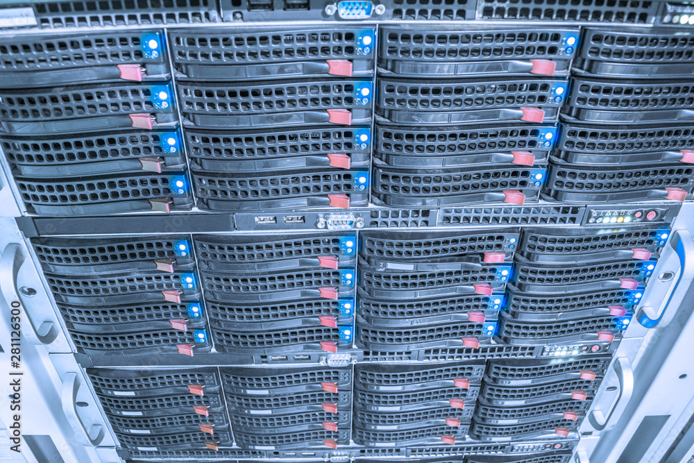 The computer hardware array is installed in the datacenter rack. Web server access is on the central technical platform. Cloud storage technology. Powerful server device is a close up The computer hardware array is installed in the datacenter rack. Web server access is on the central technical platform. Cloud storage technology. Powerful server device is a close up