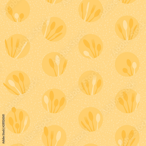 Seamless cutlery and circle pattern. Forks, spoons and knives silhouettes are inside the circle. Background with hand drawn, irregular spots. Easy to edit colors in Illustrator.