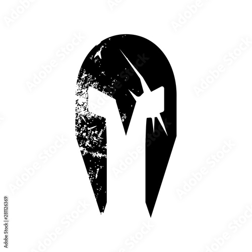 Silhouette of spartian helmet with sword scars. Vector Illustration isolated on white background.