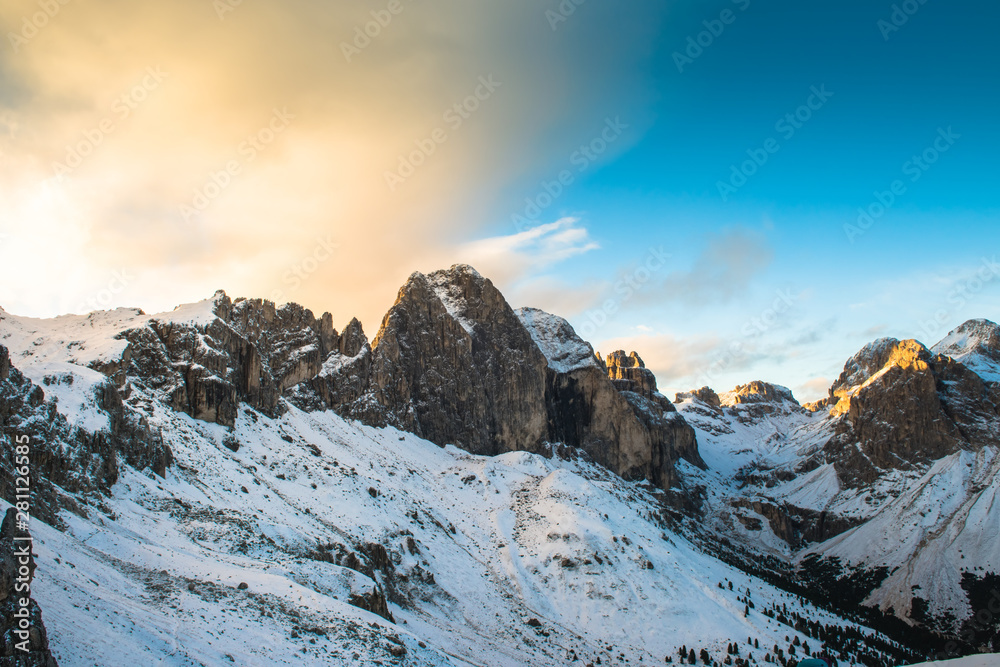 Mountain landscape after first snow in Dolomites mountains, Italy