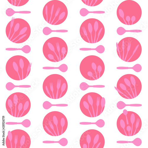 Seamless cutlery and circle pattern, transparent background. Cutlery silhouettes are inside the circle. Bigger spoons are horizontally between the circles. Easy to edit colors in Illustrator.