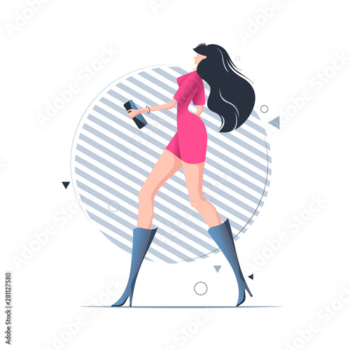 Walking young woman in short dress and high heels, conceptual vector illustration.