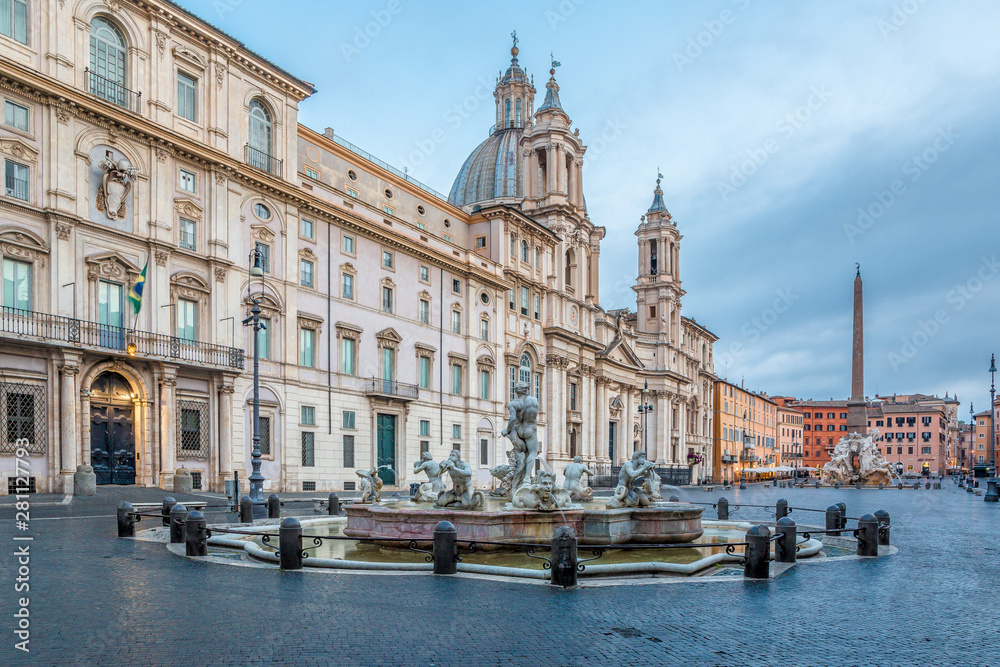 Naklejka premium The southern end of the ancient Piazza Navona with the Fontana del Moro (Moor Fountain) early in the morning after dawn with no people around in Rome, Italy, Europe