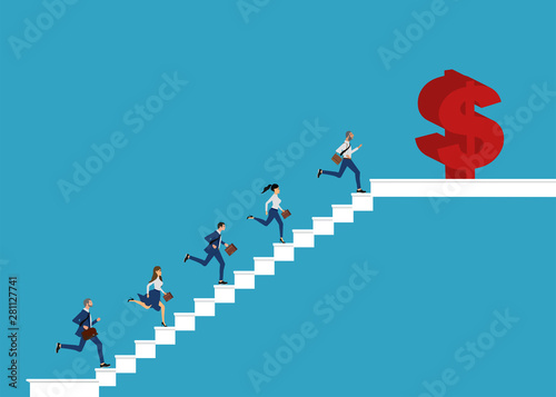 Vector of a businesspeople climbing financial career ladder.