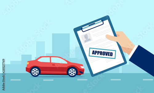 Vector of a business man holding approved application for car loan