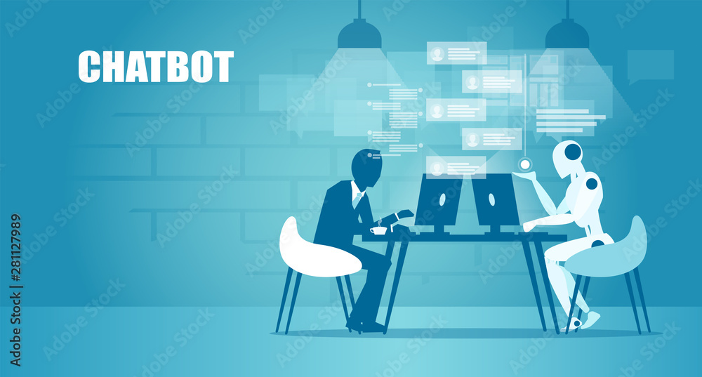  Vector of a businessman chatting with a robot online