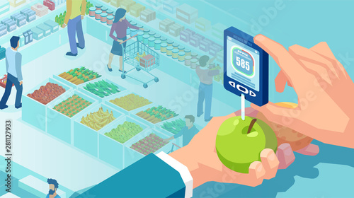 Vector of a hand holding the nitrate tester on a supermarket background