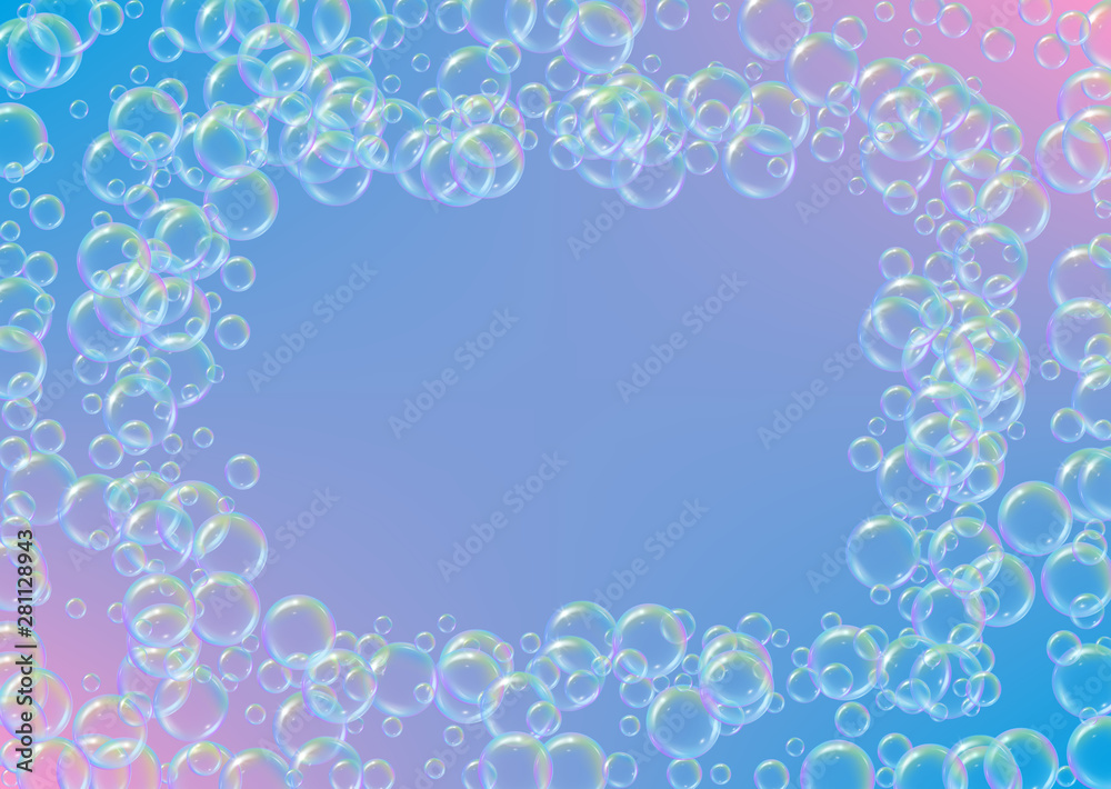 Bubble background with shampoo foam and detergent soap. Minimal spray and splash. Realistic water frame and border. 3d vector illustration poster. Rainbow colorful liquid bubble background.