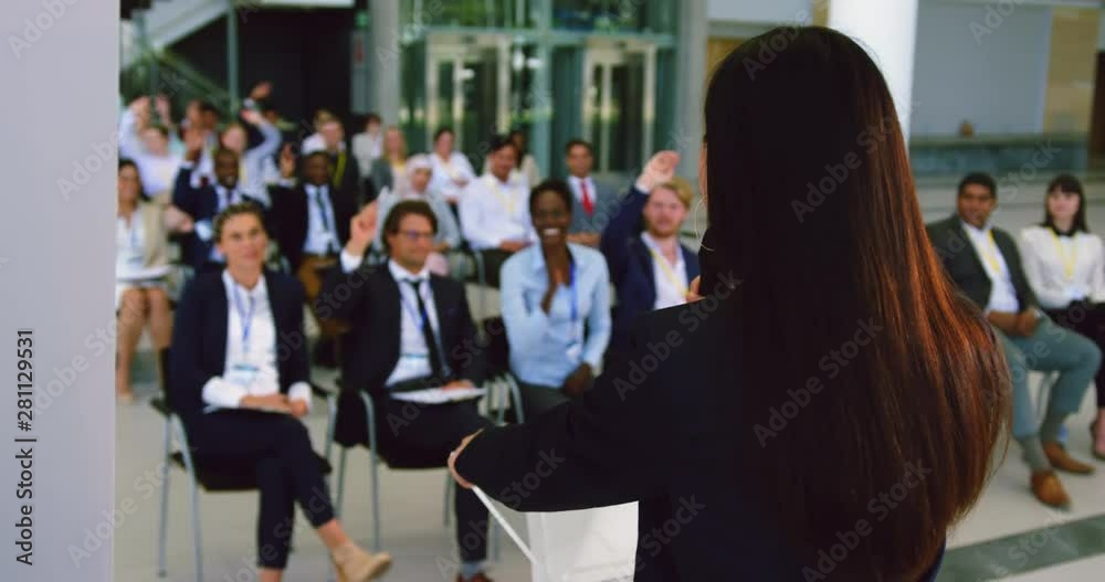 Female speaker speaks in a business seminar 4k Female speaker speaks in a business seminar 4k