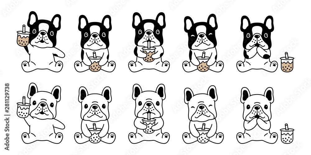 Fototapeta dog vector french bulldog icon Boba tea bubble milk tea cartoon character symbol doodle illustration design