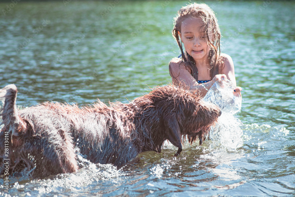 Little girl playing in the river with a dog on a summer sunny day.The ...