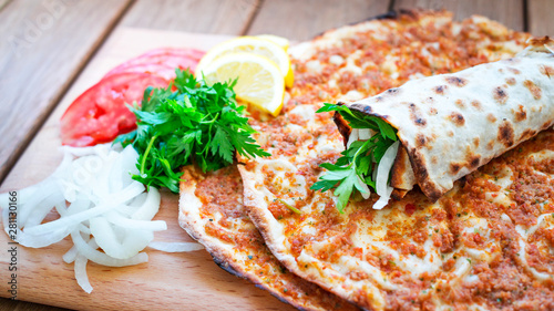 Turkish cuisine made with thin dough and minced meat "lahmacun"