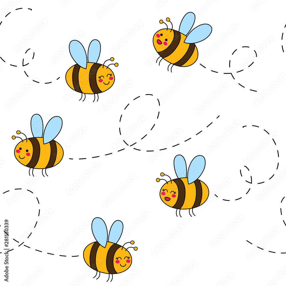 Cute seamless pattern with bees. Hand Drawn vector illustration. Wrapping paper pattern. Background with vector cartoon elements.