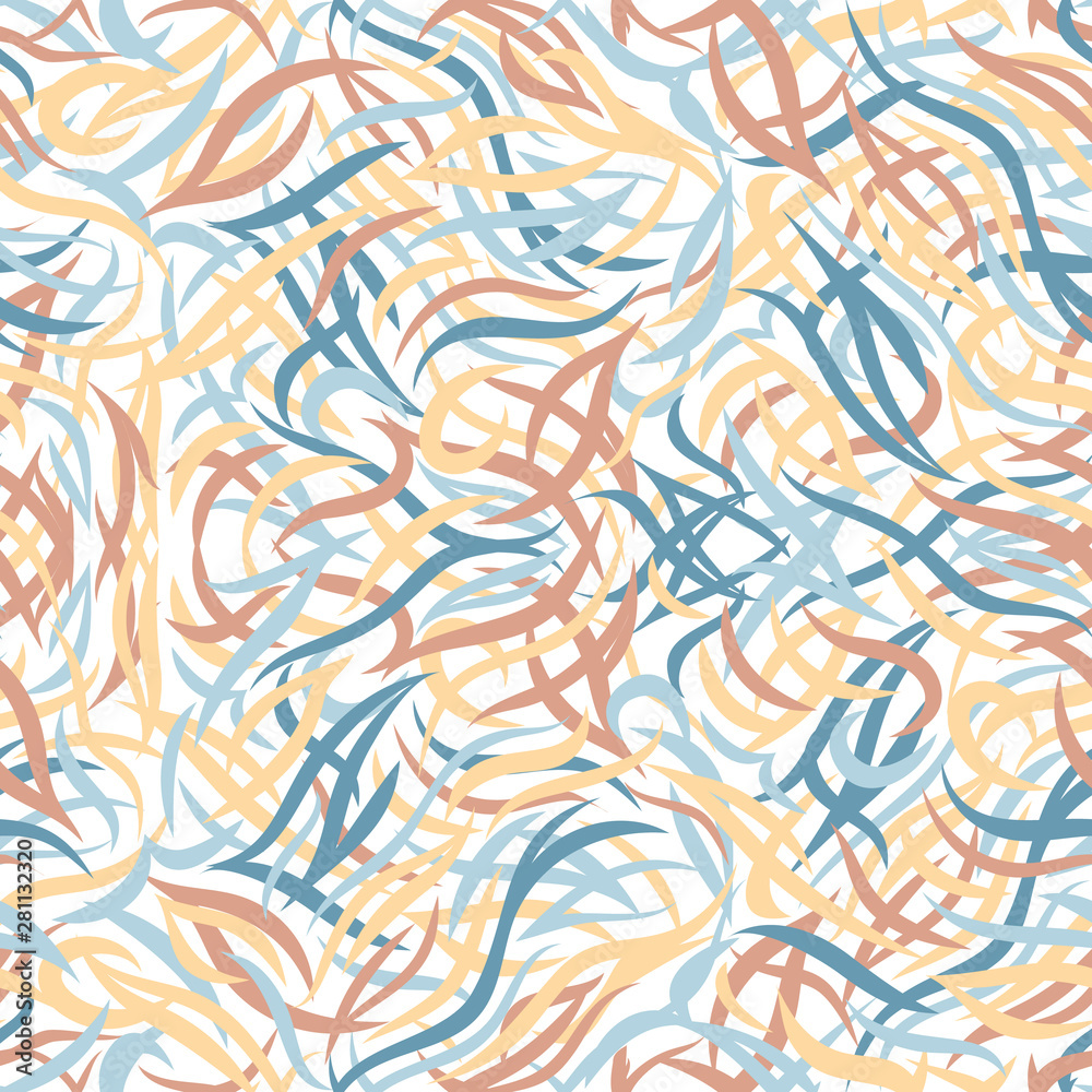 hand drawn abstract vector seamless patternTangled Threads with colorful short lines in different moving. Background of multicolored curved stripes.