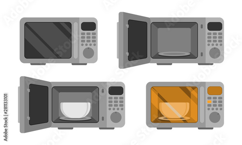 Microwave oven. Vector set  illustration. Power off, open, with dish, power on. An automatic appliances used for cooking