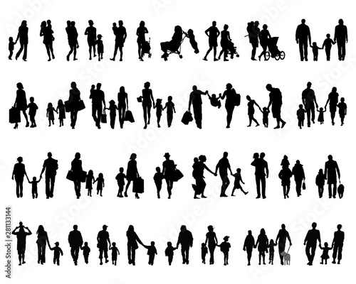 Black silhouettes of families in walking on a white background