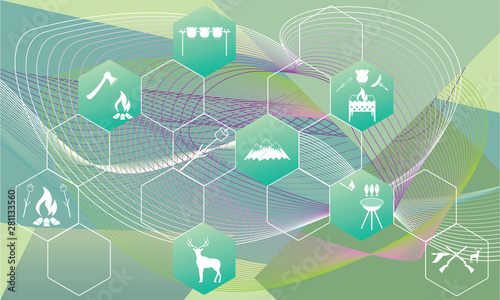 Poster with Set of travel and camping equipment icons