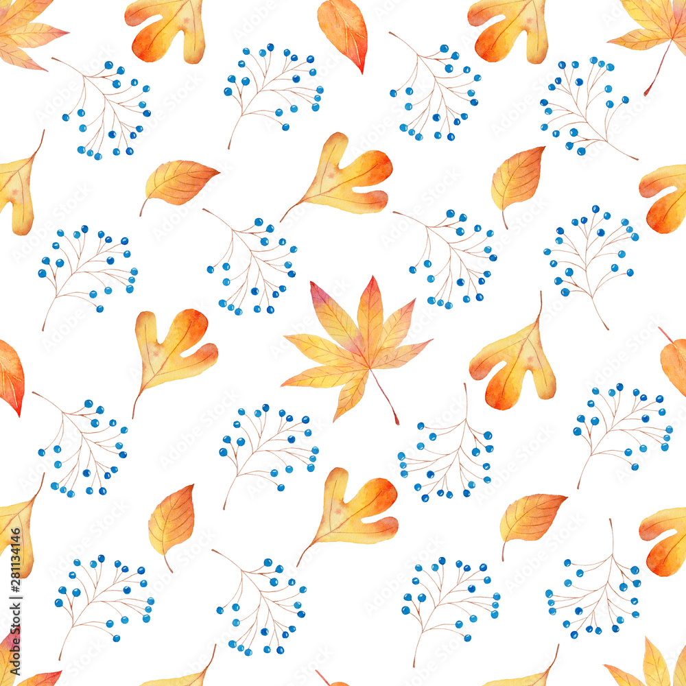Forest foliage and berries seamless watercolor raster pattern
