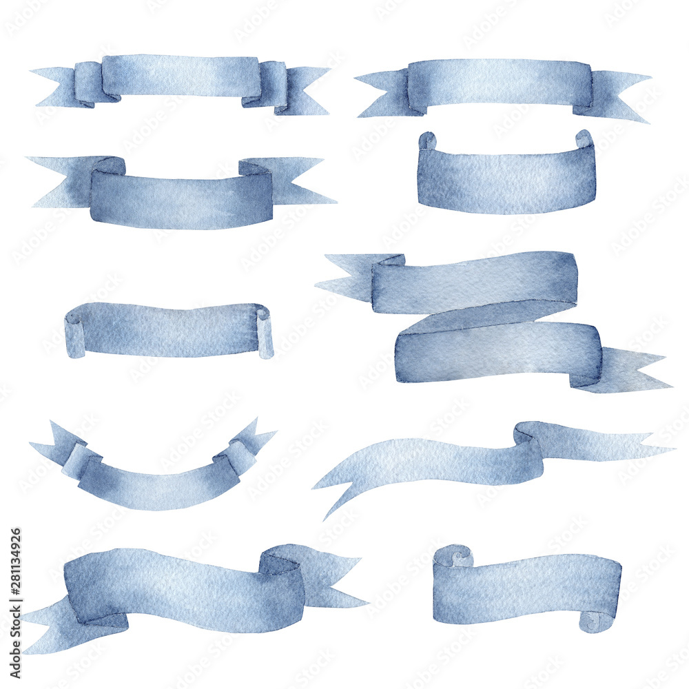 Beautiful cyan blue ribbon watercolour raster illustrations set