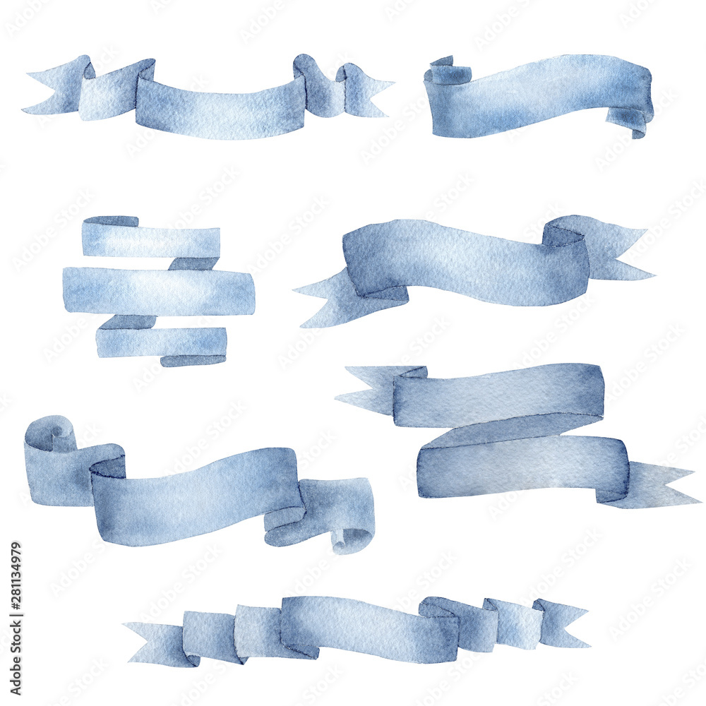 Creative cyan blue ribbon watercolor raster illustrations set
