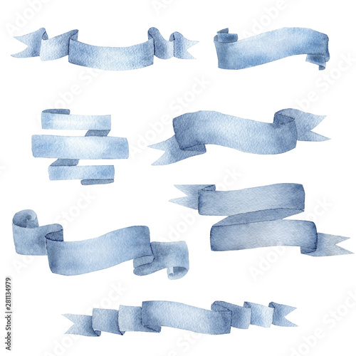Obraz na płótnie Creative cyan blue ribbon watercolor raster illustrations set w salonie