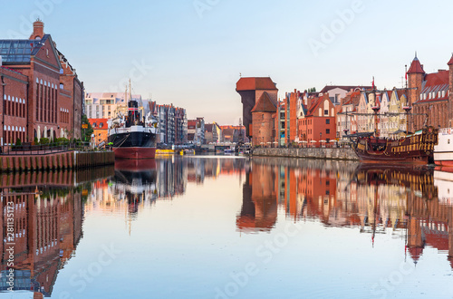 Gdansk with beautiful old town over Motlawa river at sunrise, Poland.