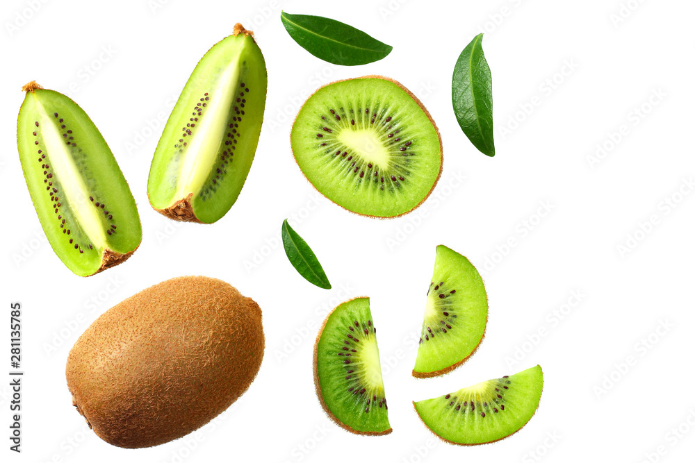 Fototapeta premium kiwi fruit with slices and green leaves isolated on a white background. top view