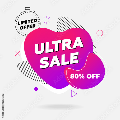 Ultra sale banner. Limited offer template design on abstract liquid shape. Flat geometric gradient colored graphic element in heart fluid form on white background. Modern vector illustration