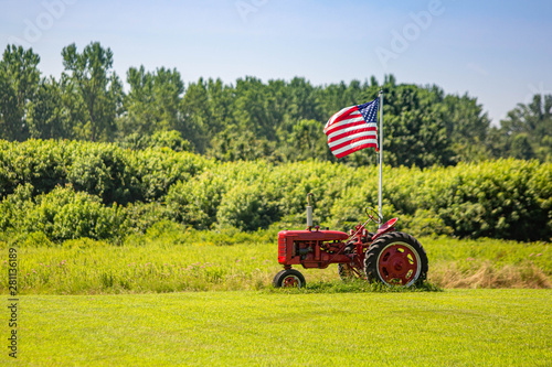 Symbols of American farming: tractor and flag