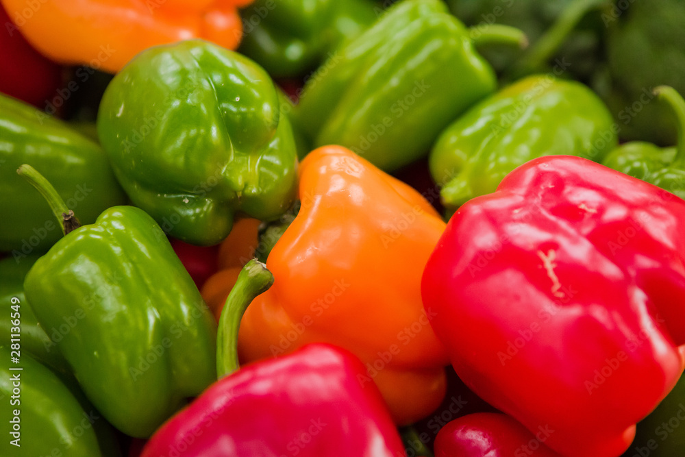 yellow, green and red bell pepper close-up. card, banner, space for text. yellow, green and red bell pepper close-up. card, banner, space for text.