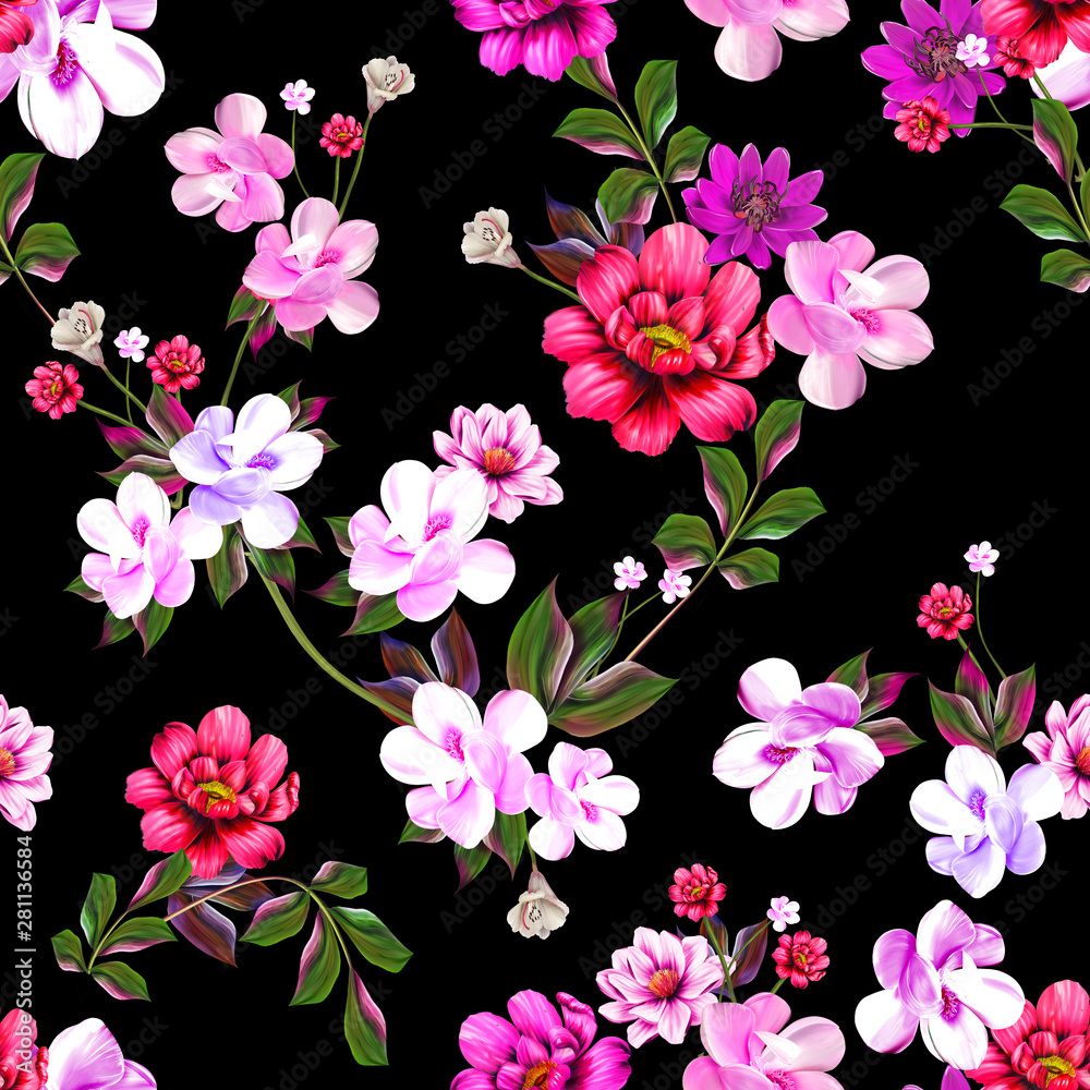 Pattern with spring flowers Pattern with spring flowers with branch, on black background with flower silhouette Pattern with spring flowers Pattern with spring flowers with branch, on black background with flower silhouette