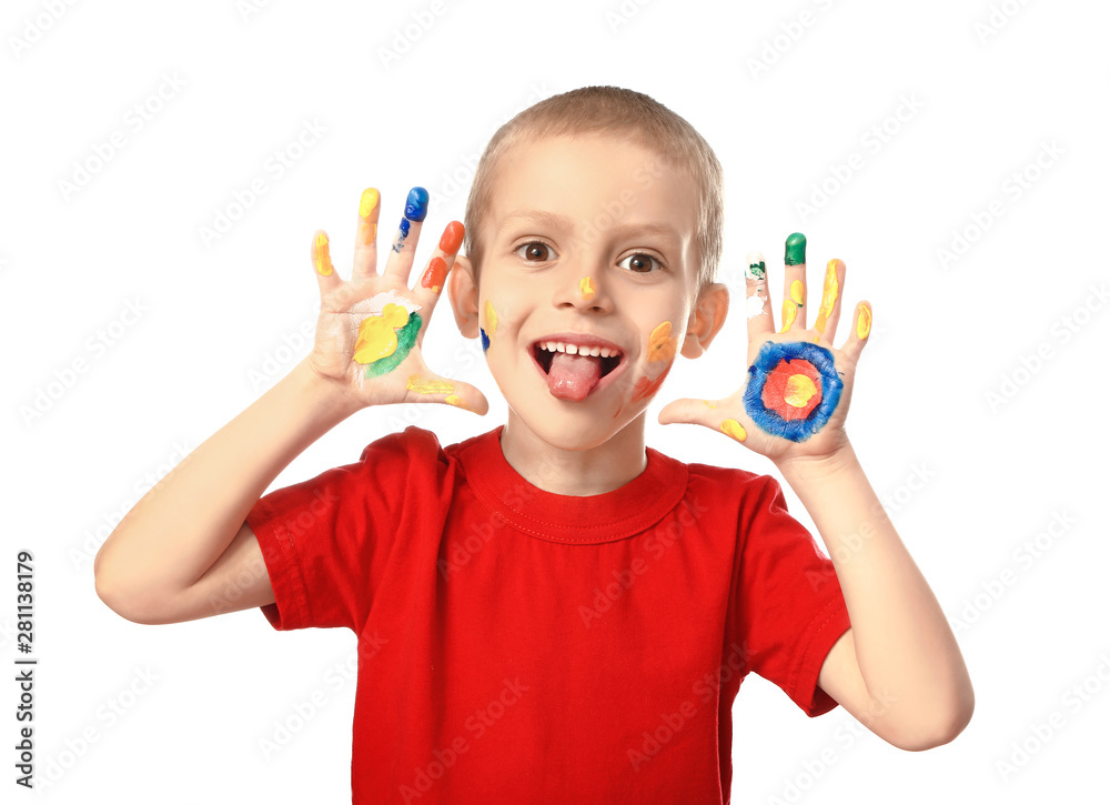Funny little boy with hands and face in paint on white background Funny little boy with hands and face in paint on white background