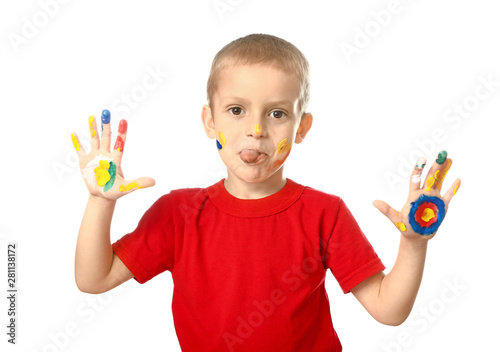 Funny little boy with hands...