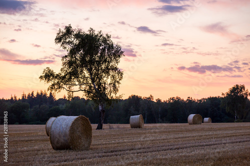 Bales of straw and a beautiful sunset in Europe
