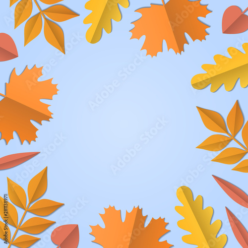 Autumn background, tree paper leaves, light blue backdrop, design for fall season sale banner, poster, thanksgiving day greeting card, festival invitation, paper cut out art style, vector illustration