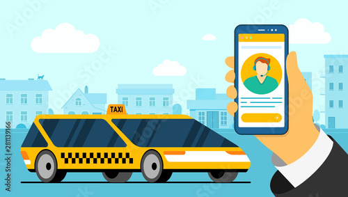 Hand holding smartphone with taxicab operator avatar and modern yellow car on cityscape road. Online delivery dispatcher order service application. Get taxi cab app in city vector illustration