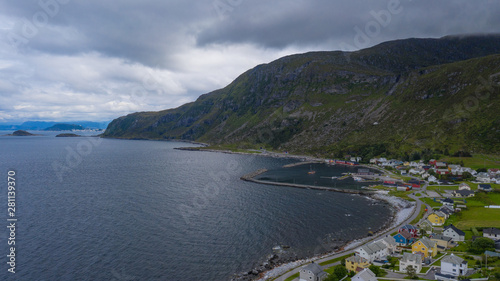 Coast in Alnes, Godoy island, Alesund, Norway. Aerial(drone) shot. July 2019.