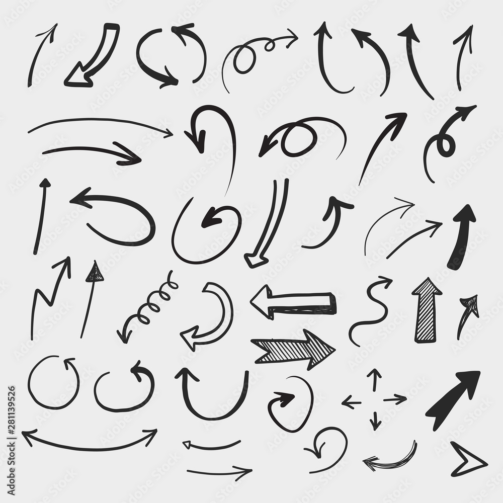 Doodle set of pencil drawing objects. Hand drawn abstract grunge arrows. Vector abstract arrows for design use