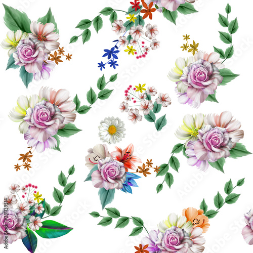 Digital painting of leaf and flowers, seamless pattern 