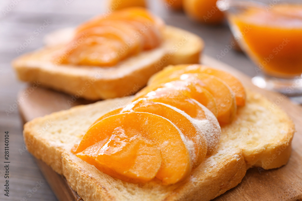 Bread slice with tasty apricots, closeup Bread slice with tasty apricots, closeup