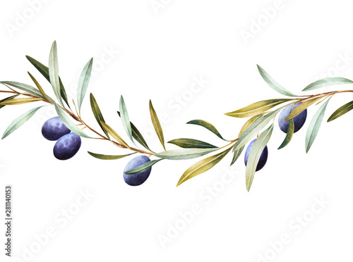 Seamless border of black olive tree branches. Hand drawn watercolor illustration. Decorative design elements.