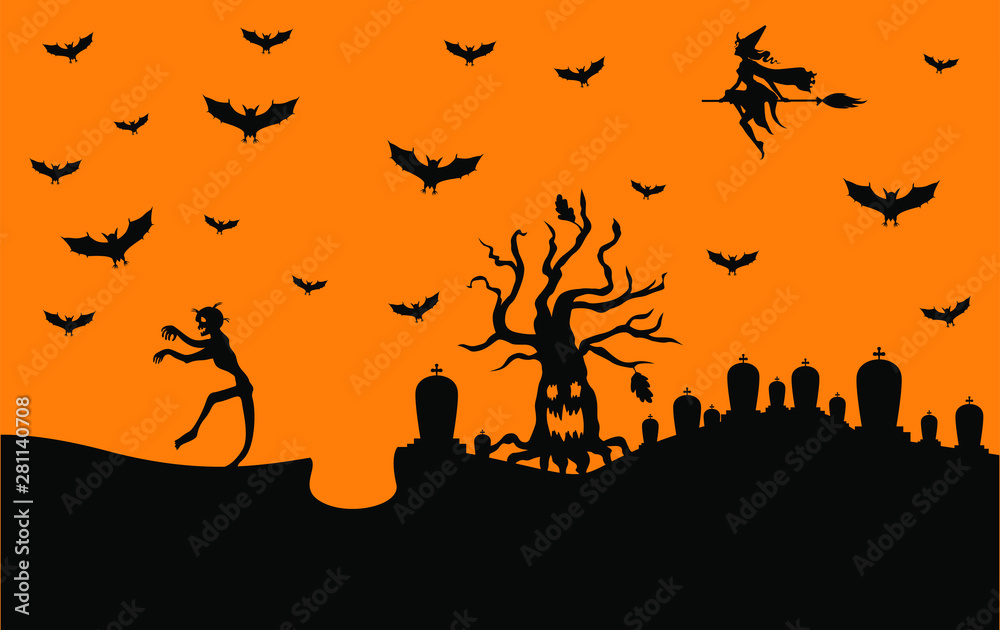 Vector illustrations of Halloween banner with zombie on graveyard