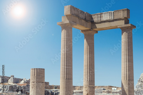 Beautiful scenery in acropolis of Lindos (Rhodes, Greece). Remains of the ancient temple.