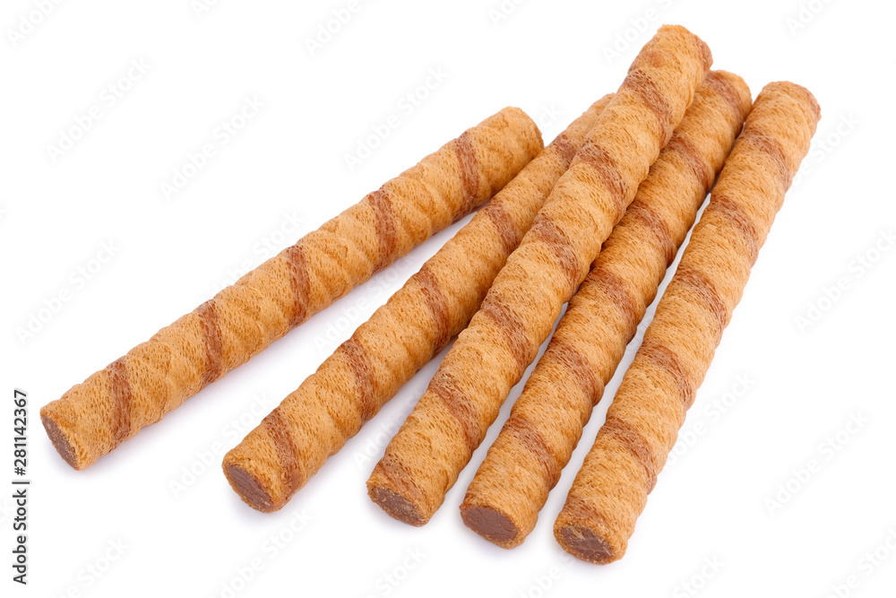 Wafer rolls with chocolate and cocoa filling isolated on white