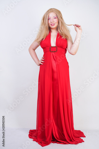 Fashion Asian Blonde Model in Red Beauty Long Dress