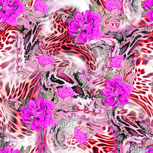 seamless tropical flower with leopard background pattern