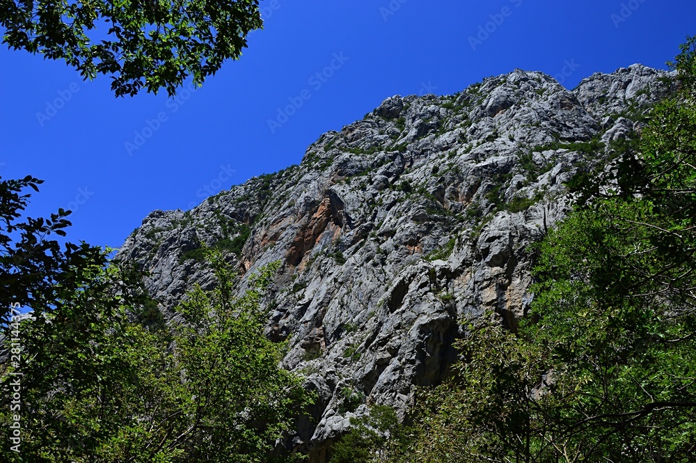 Massive cliff above summer vegetation near entrance to Paklenica National Park, Croatia Massive cliff above summer vegetation near entrance to Paklenica National Park, Croatia