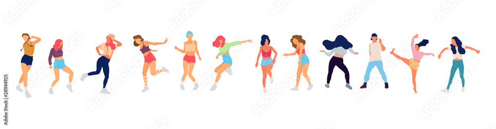 Crowd of young people dancing at club. Big set of characters having fun at party. Flat colorful vector illustration.