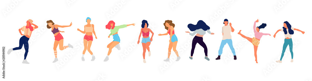 Crowd of young people dancing at club. Big set of characters having fun at party. Flat colorful vector illustration. Crowd of young people dancing at club. Big set of characters having fun at party. Flat colorful vector illustration.